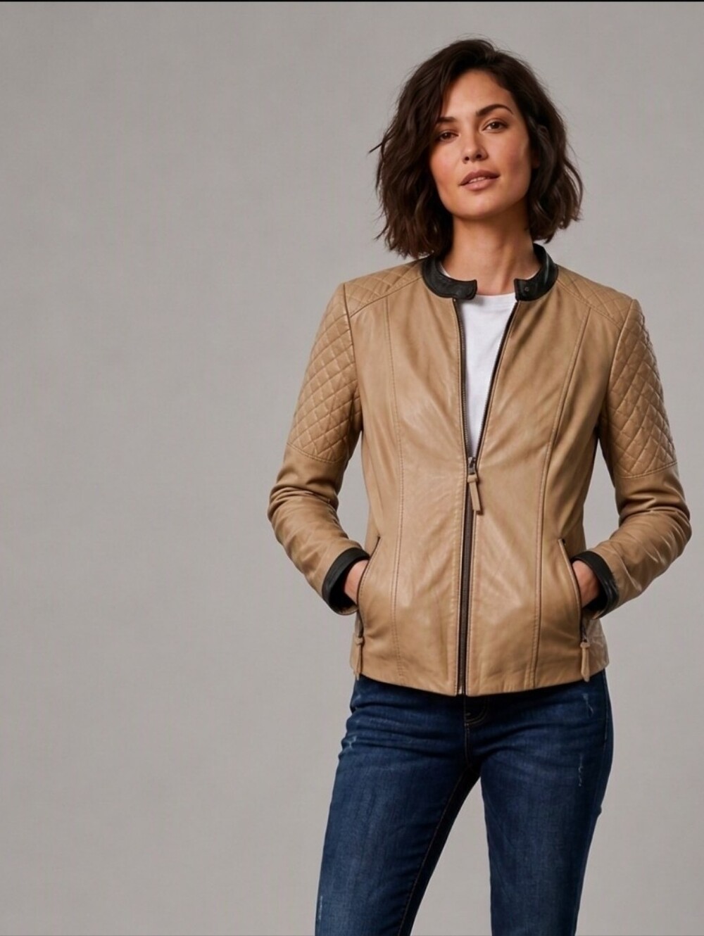 Blink By Danier Women's Quilted Shoulder Leather Jacket - Brown